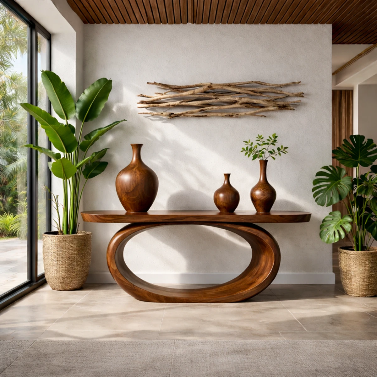 Minimal brown console table with oval wood frame