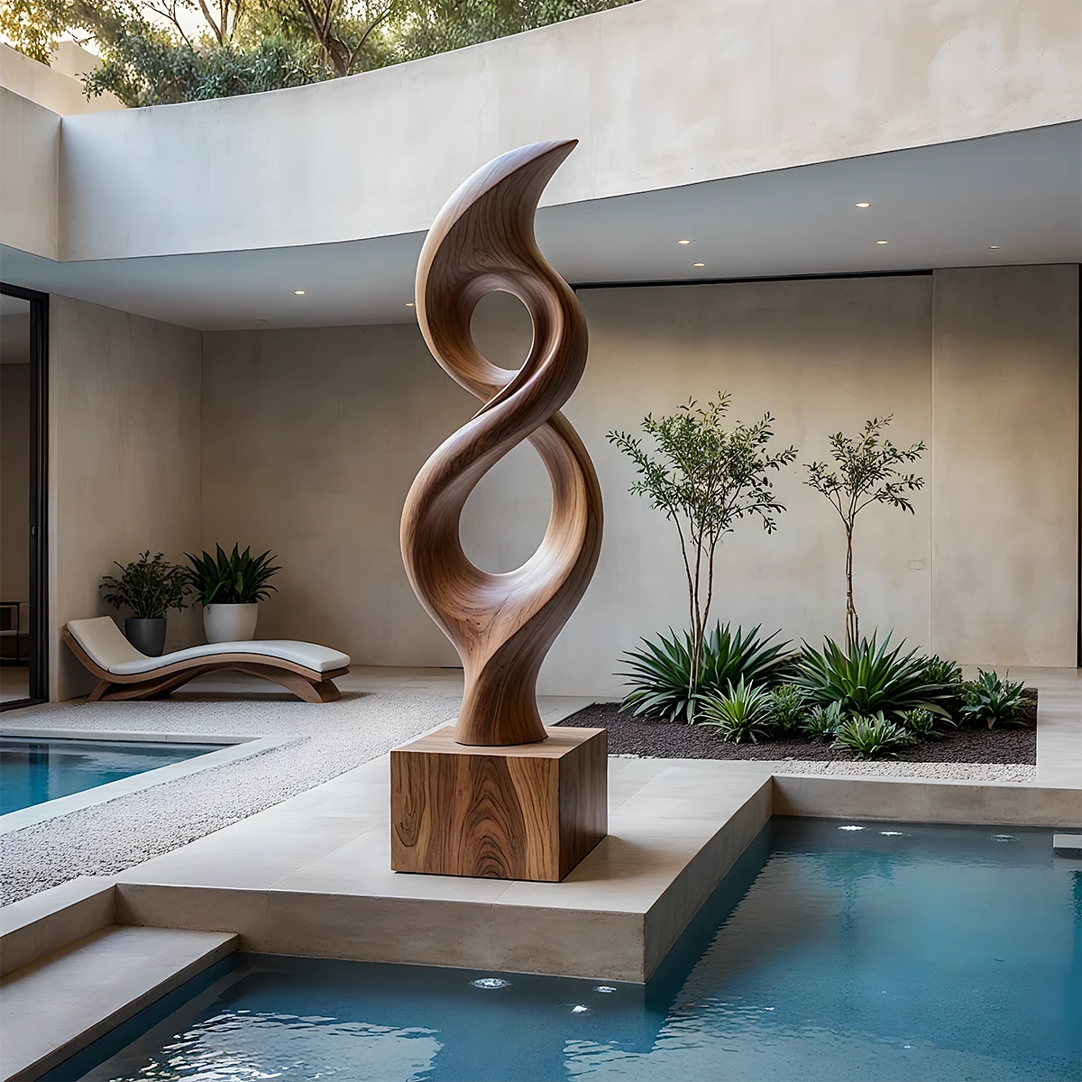 Twisting abstract floor sculpture with flowing curves and walnut tone finish in modern courtyard setting