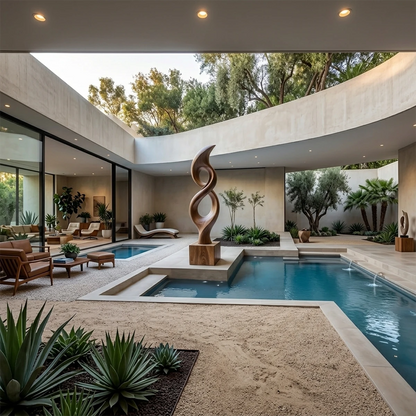 Modern outdoor sculpture featuring tall organic silhouette and smooth walnut tone finish detail