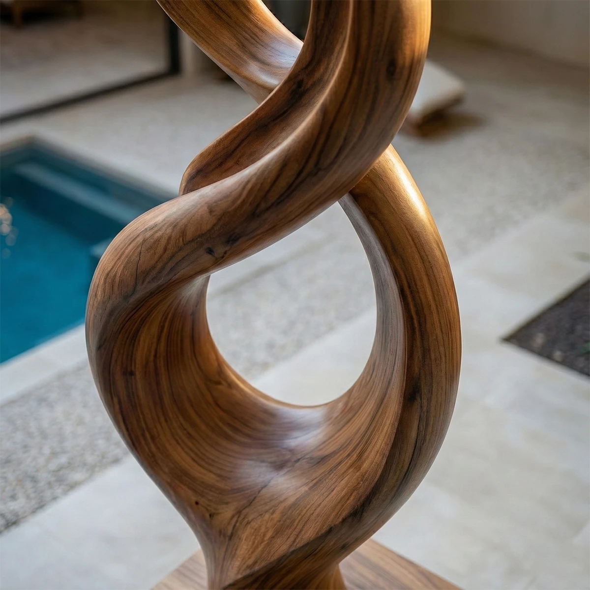 Contemporary courtyard sculpture showcasing fluid twisting form and refined walnut tone finish