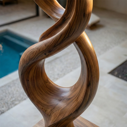 Contemporary courtyard sculpture showcasing fluid twisting form and refined walnut tone finish