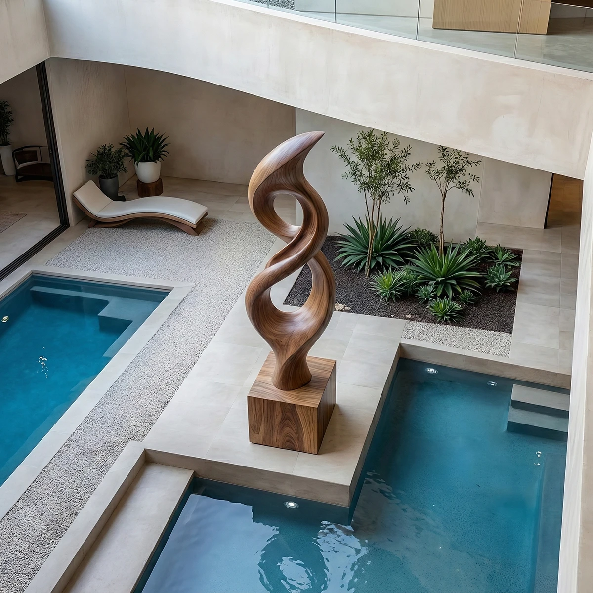 Artistic outdoor floor sculpture designed with elegant curves and warm walnut tone finish