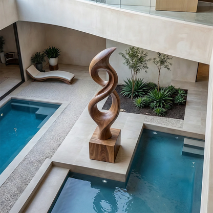 Artistic outdoor floor sculpture designed with elegant curves and warm walnut tone finish