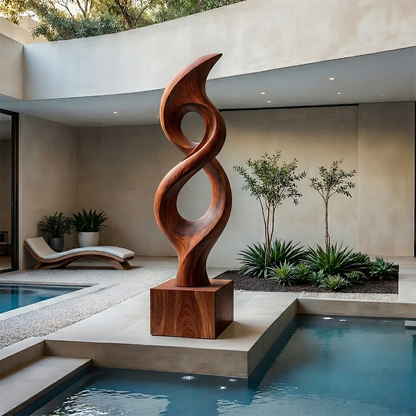 Luxury abstract sculpture displayed beside pool area with smooth brown tone finish surface