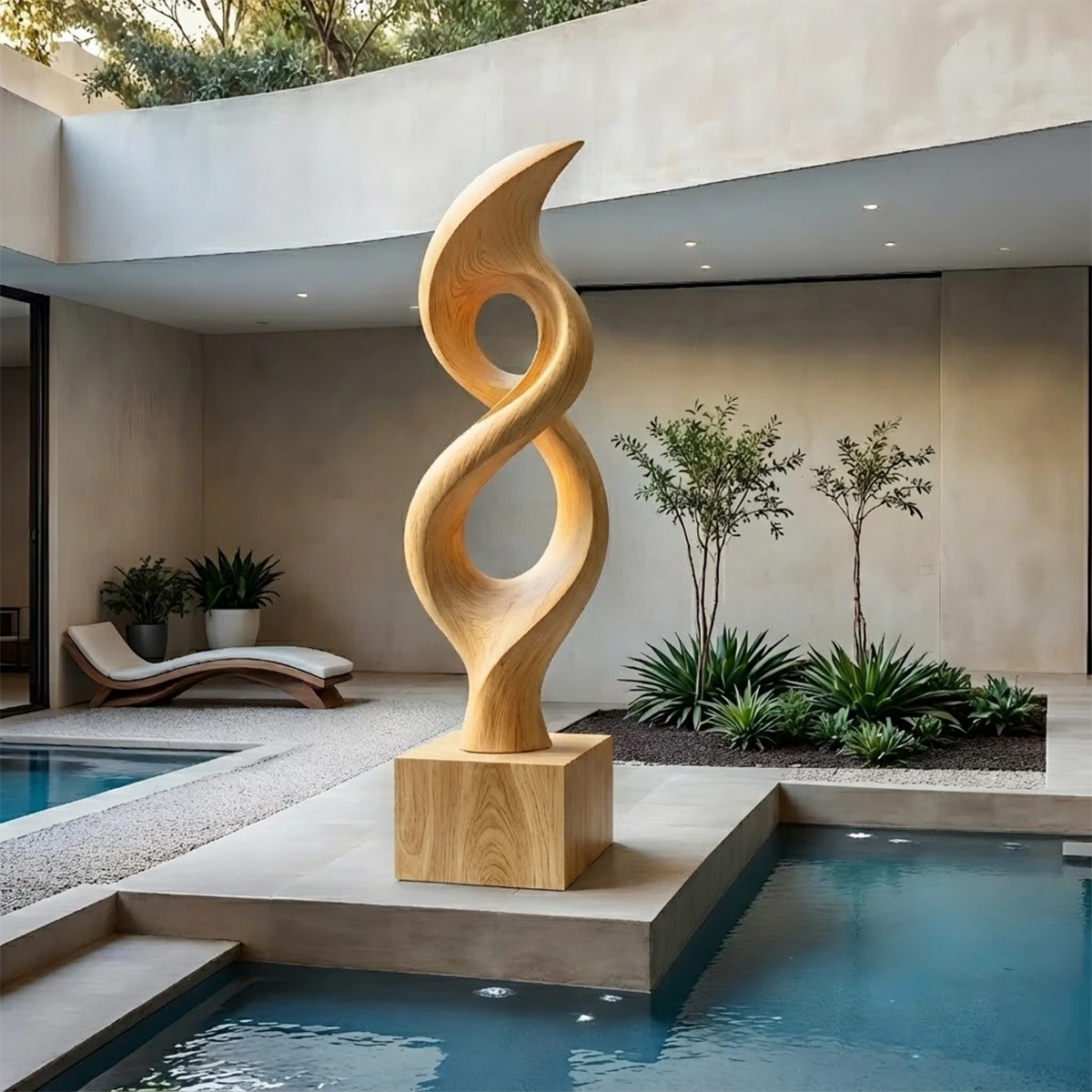 Sculptural garden accent featuring flowing vertical design and rich oak tone finish detail