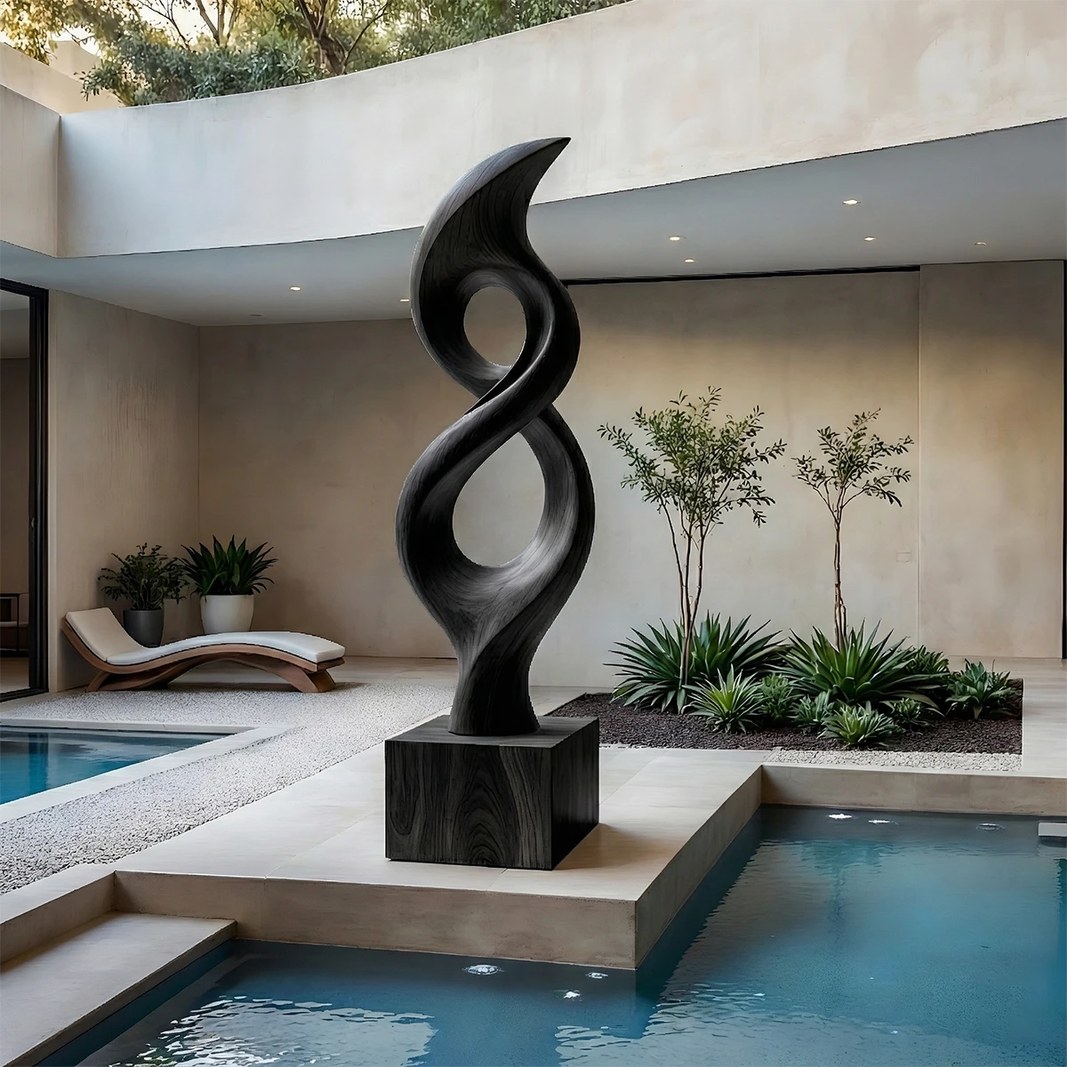 Elegant modern sculpture décor placed in open courtyard with refined black tone finish