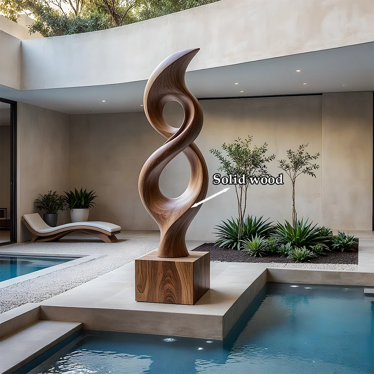 Statement outdoor art sculpture with dynamic twisting lines and walnut tone finish appearance