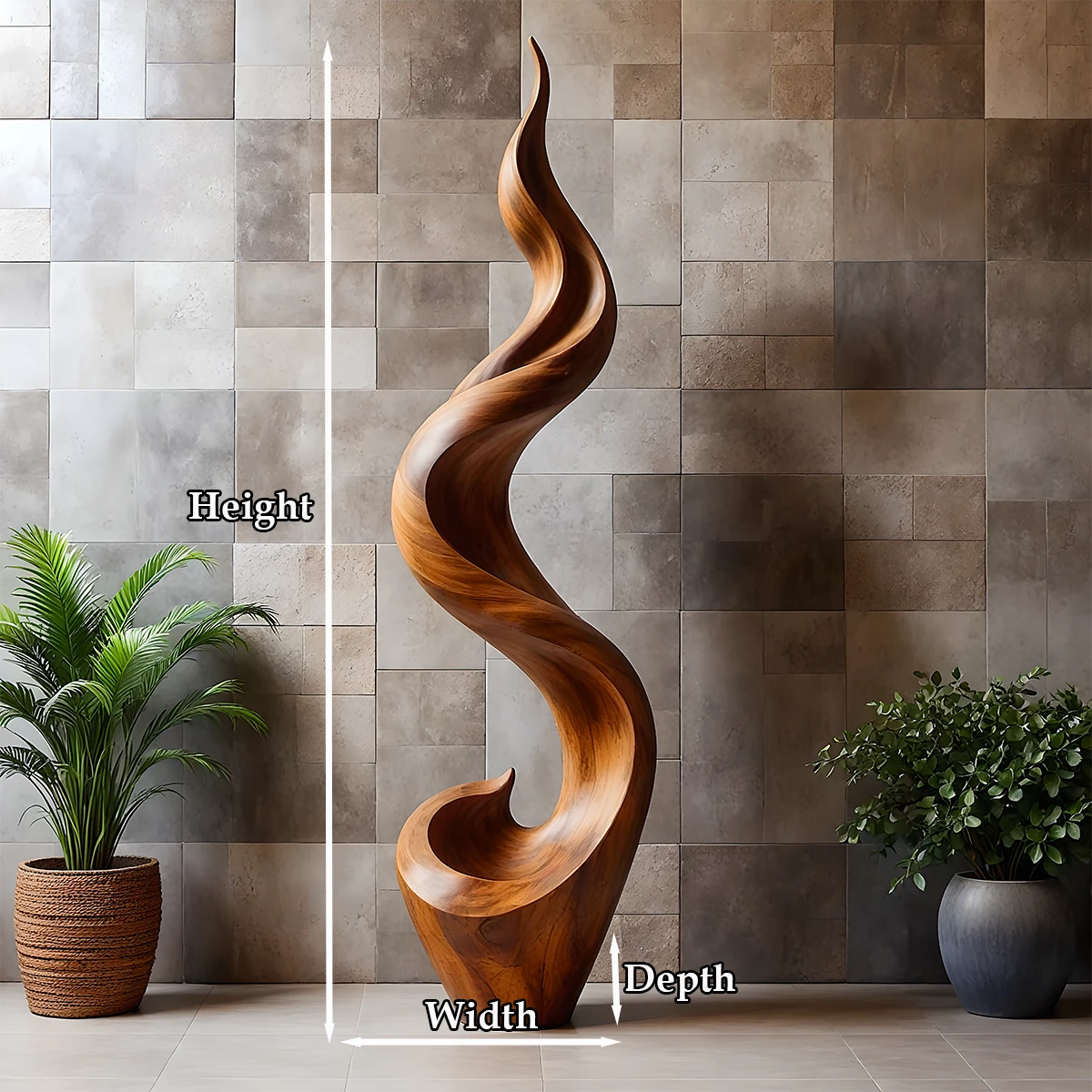 Modern interior sculpture featuring sculptural wave design and warm brown tone finish detail