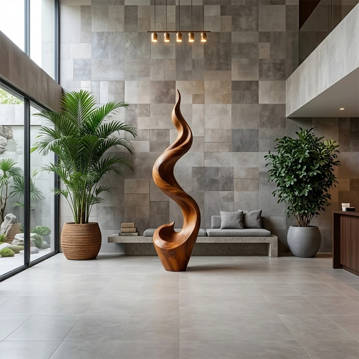 Curved modern floor sculpture showcasing elegant wave shape and refined brown tone finish detail