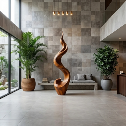 Curved modern floor sculpture showcasing elegant wave shape and refined brown tone finish detail