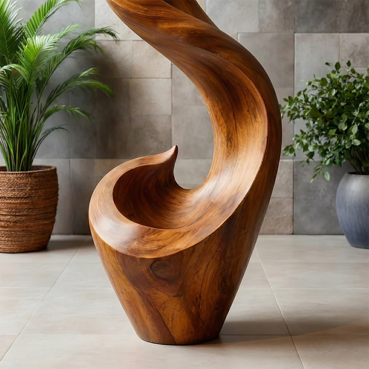 Tall decorative sculpture featuring organic flowing form and warm brown tone finish surface