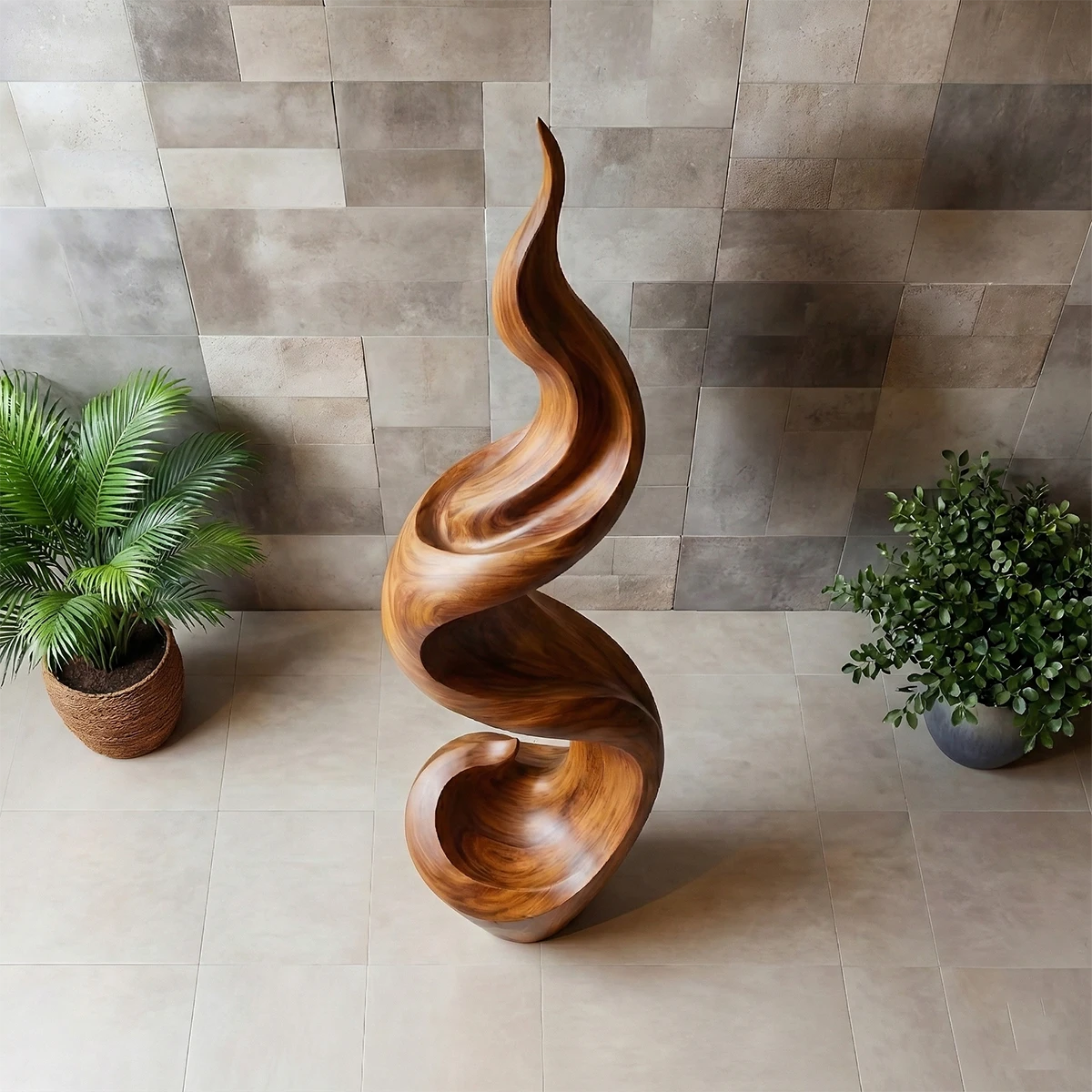 Artistic modern floor décor sculpture with dynamic motion lines and smooth brown tone finish