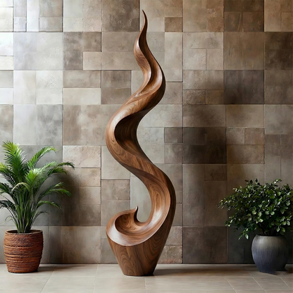 Elegant statement sculpture displaying vertical spiral movement and polished walnut tone finish