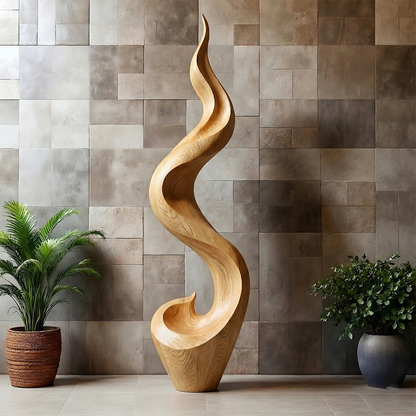 Fluid form abstract sculpture crafted with tall sweeping profile and refined oak tone finish