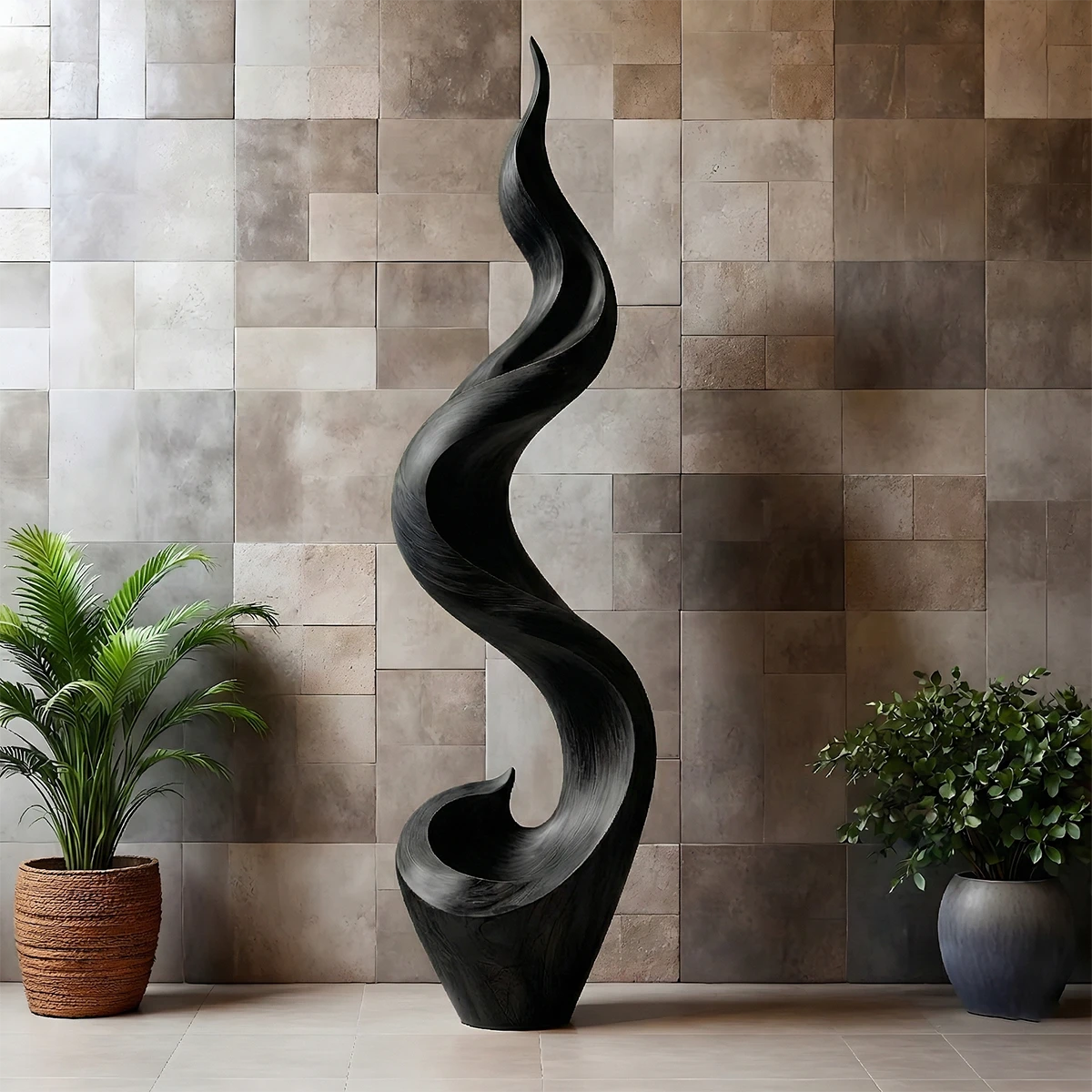 Modern interior sculpture featuring sculptural wave design and warm black tone finish detail