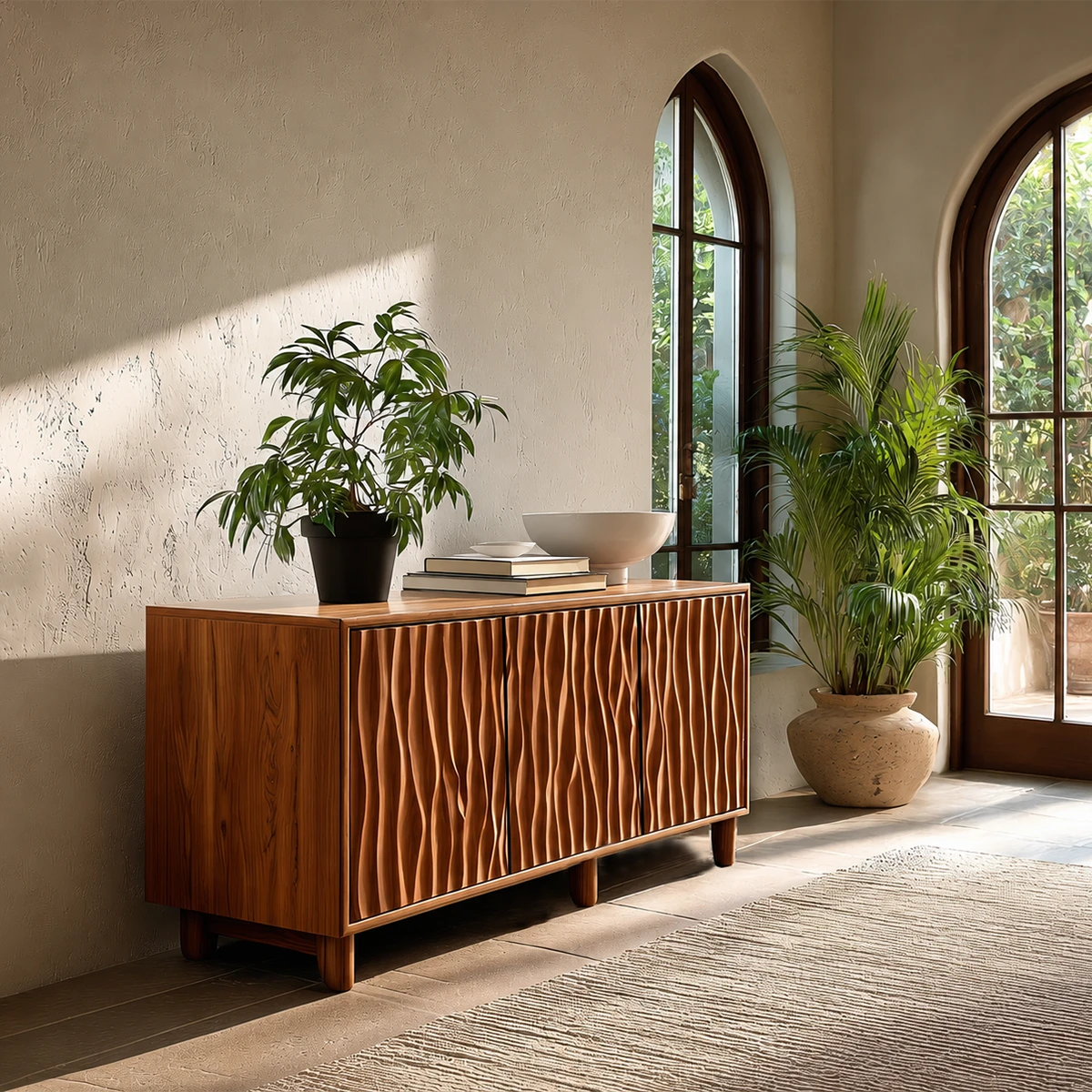 Vertical texture sideboard cabinet with sculpted doors for modern organic interiors