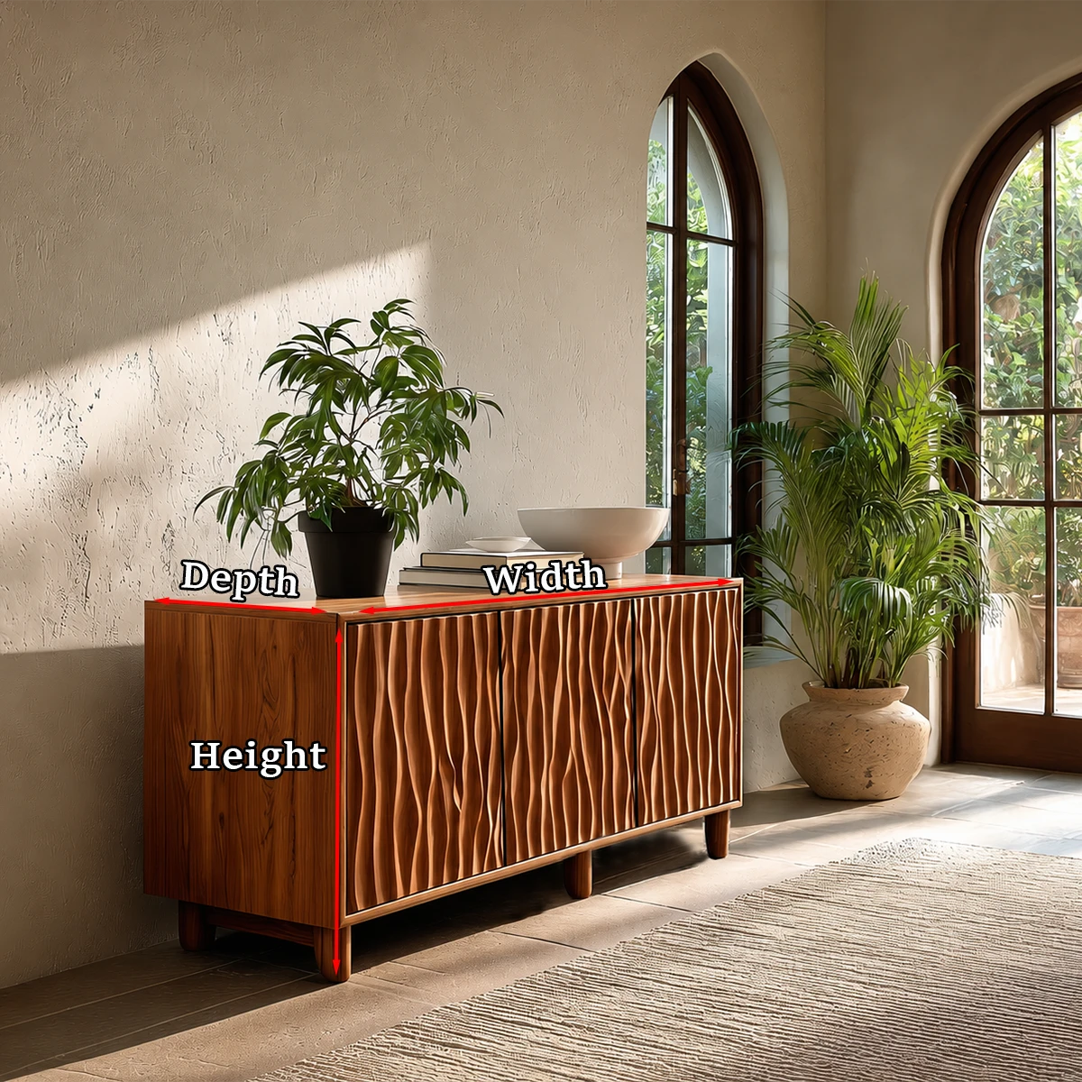 Artistic buffet sideboard with carved surface texture for warm minimalist home interiors