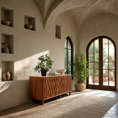 Contemporary buffet cabinet with carved linear detailing and concealed storage space