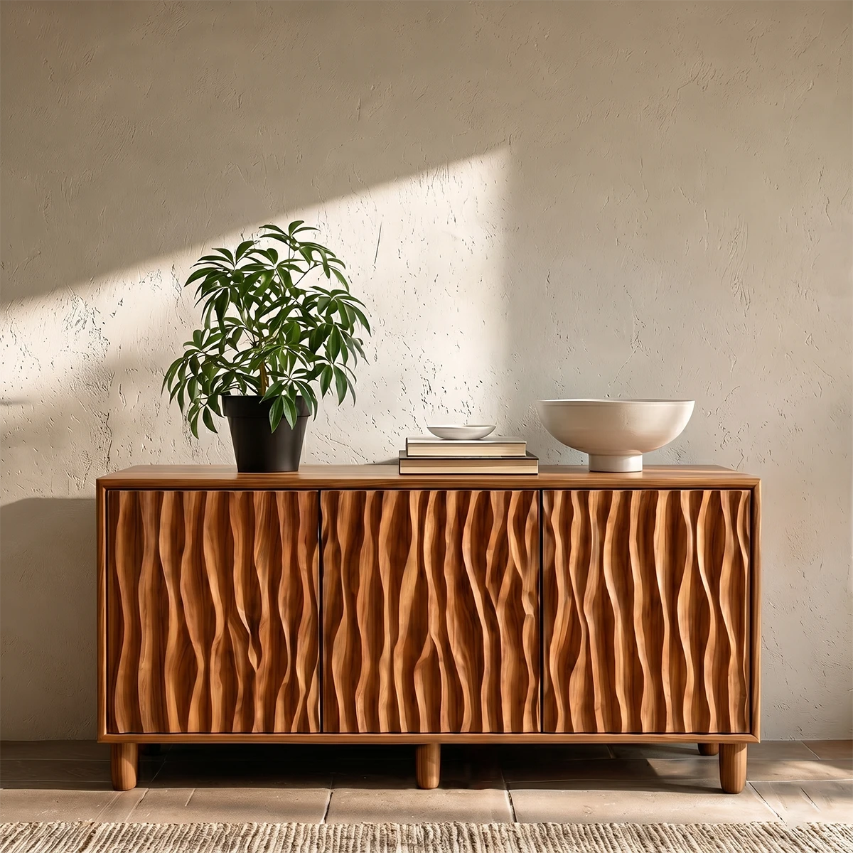 Modern sideboard storage cabinet with textured front panels and elegant clean silhouette