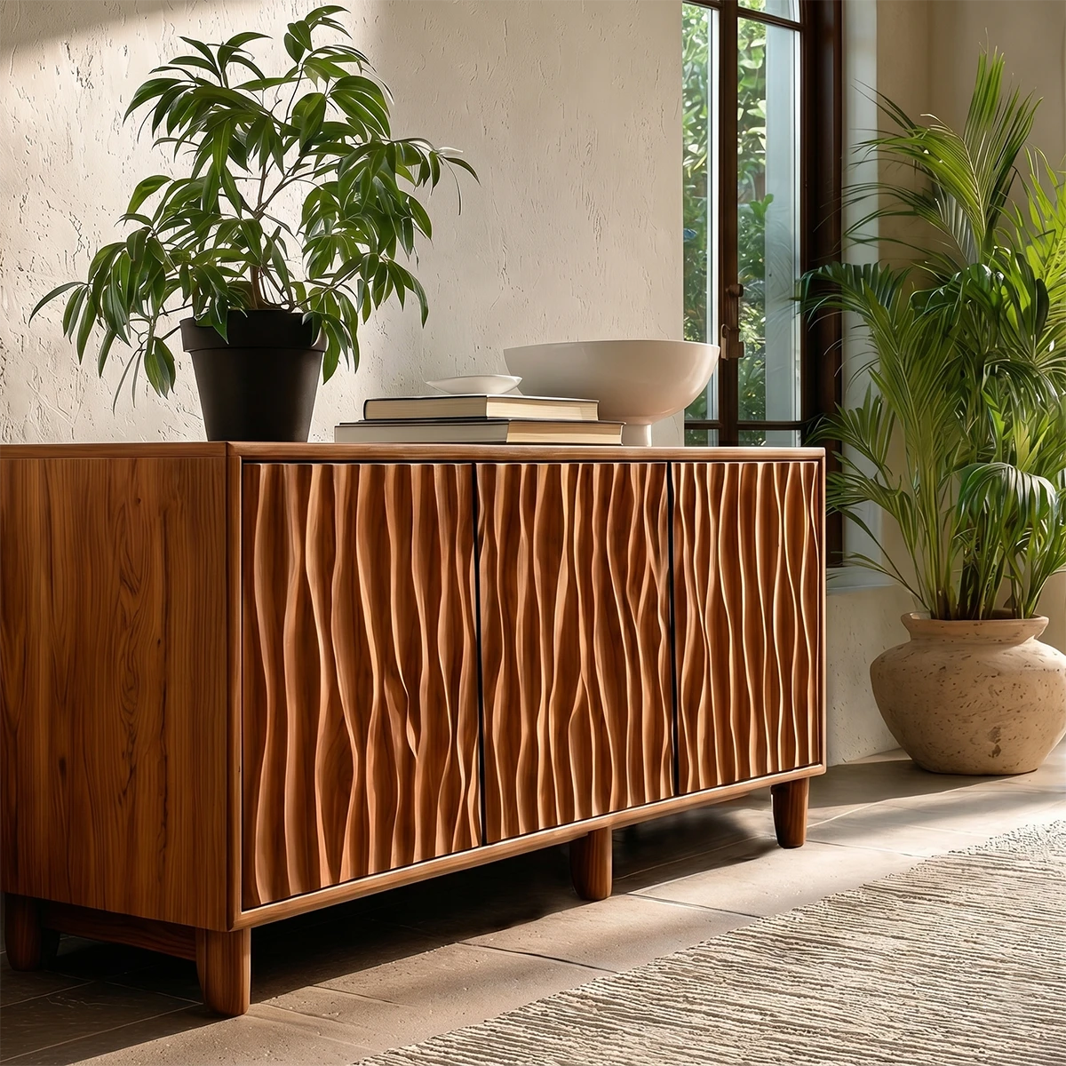 Sculptural buffet cabinet featuring dimensional vertical carving and minimalist styling