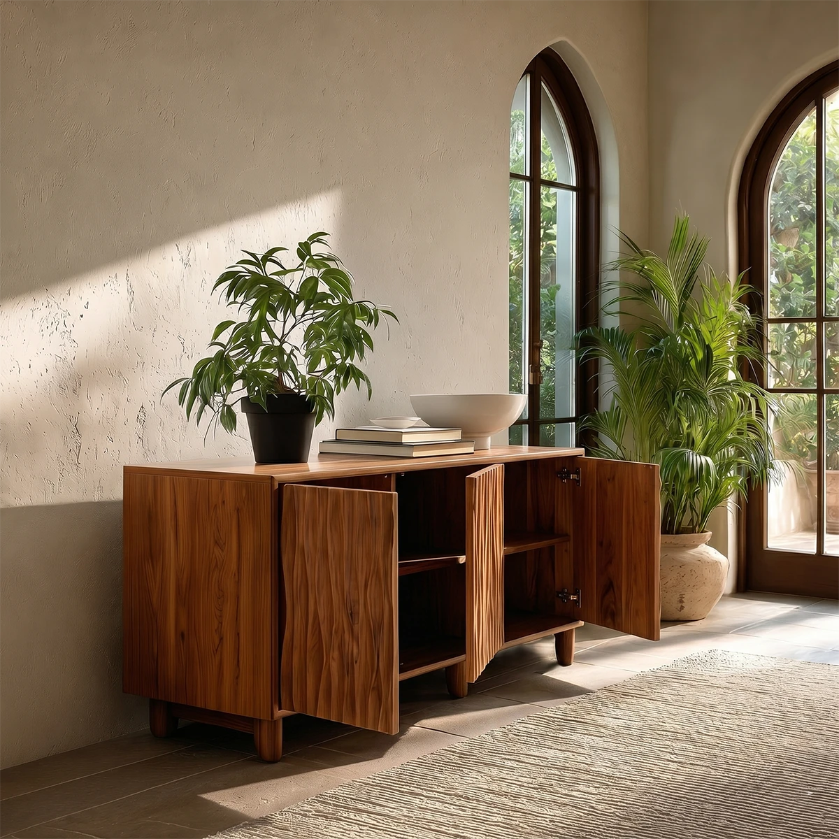 Decorative sideboard cabinet with handcrafted textured doors for refined living spaces