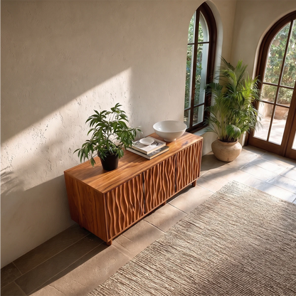 Minimalist sideboard storage cabinet with layered vertical texture and warm interior feel