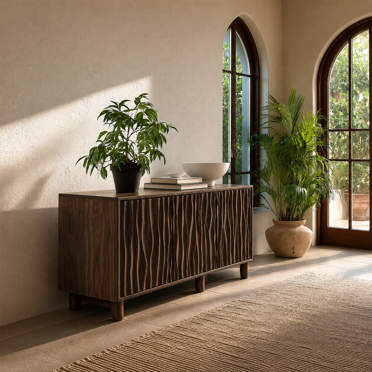 Modern buffet cabinet with artistic carved detailing for Mediterranean inspired interiors