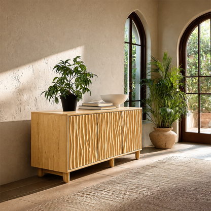 Statement sideboard cabinet with dimensional wood texture and contemporary room styling
