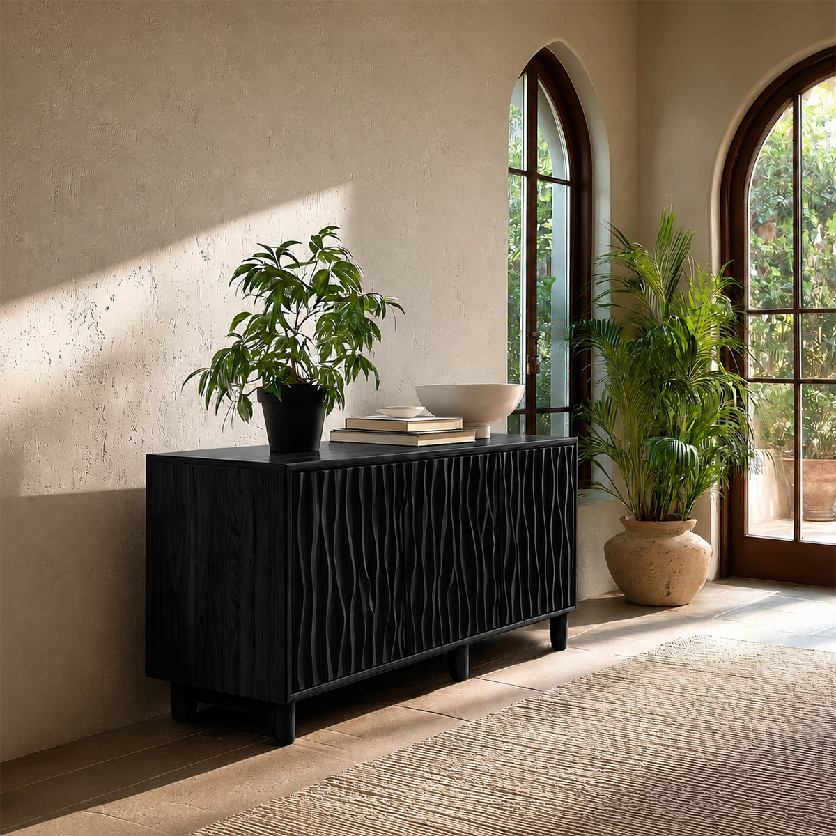 Organic modern sideboard with sculpted cabinet fronts and spacious hidden organization