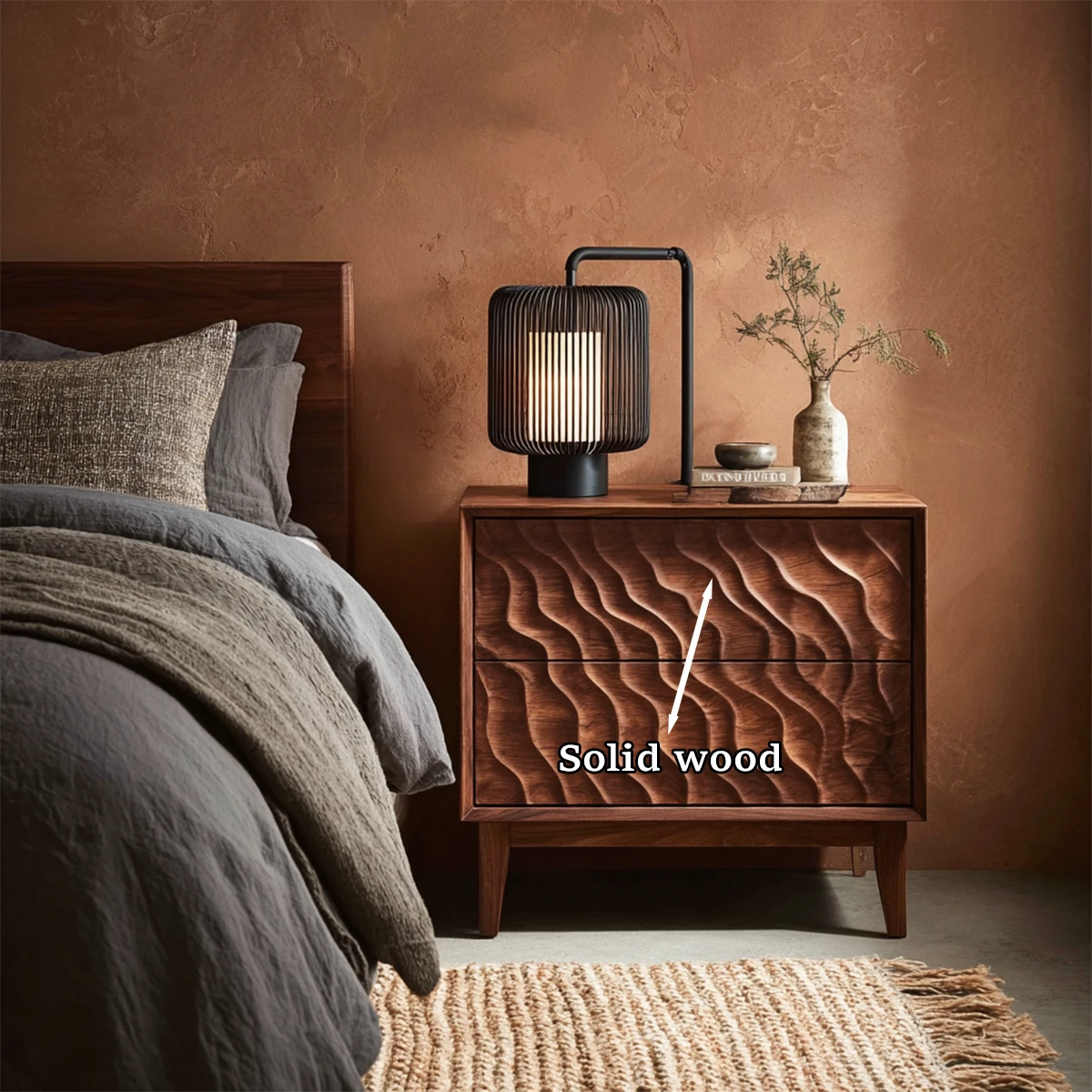 Artistic bedside nightstand showcasing bold vertical carving and warm walnut tone finish