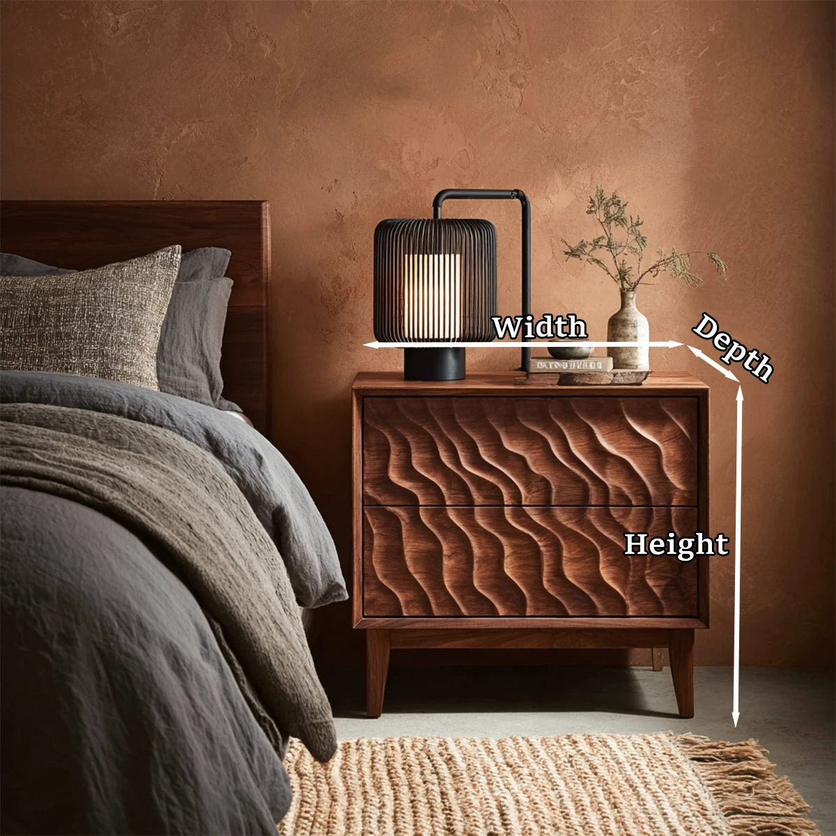 Statement bedroom nightstand featuring contemporary vertical wave texture and walnut tone finish