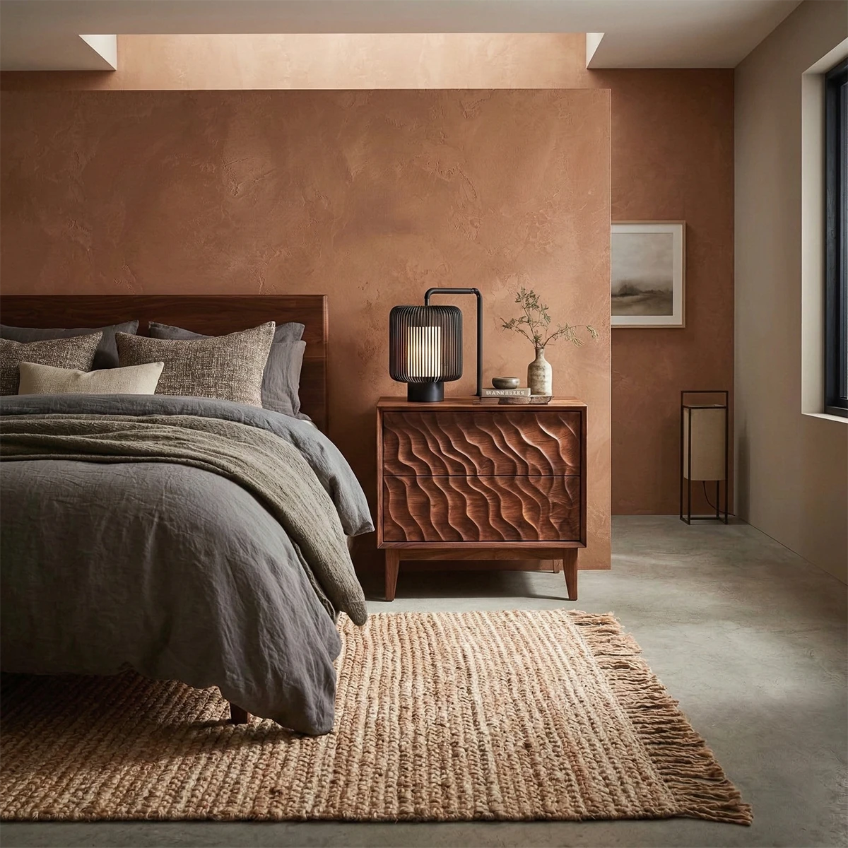 Elegant bedroom nightstand designed with layered wave pattern and warm walnut tone finish