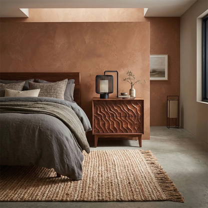 Elegant bedroom nightstand designed with layered wave pattern and warm walnut tone finish