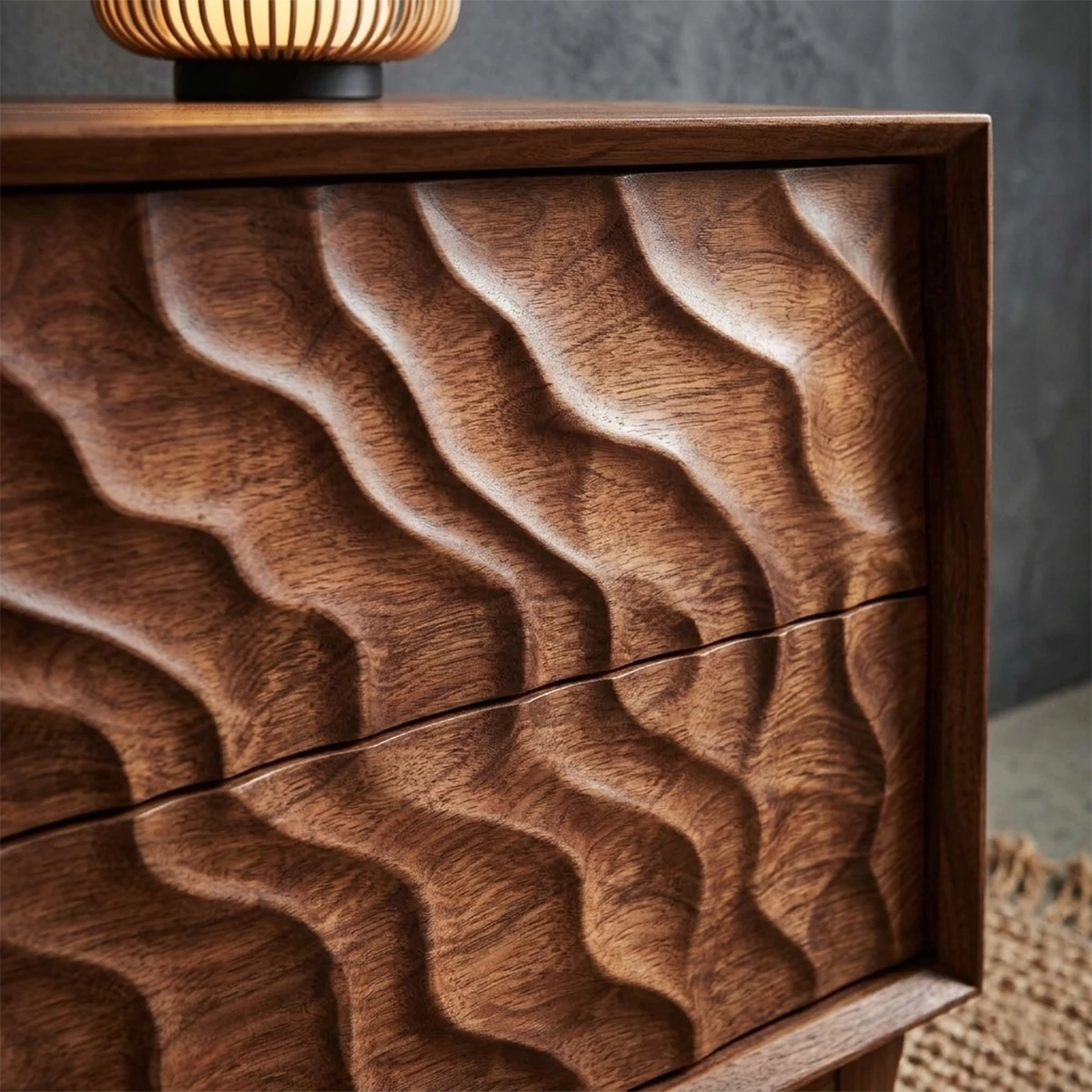 Contemporary bedside cabinet displaying vertical carved styling and polished walnut tone finish