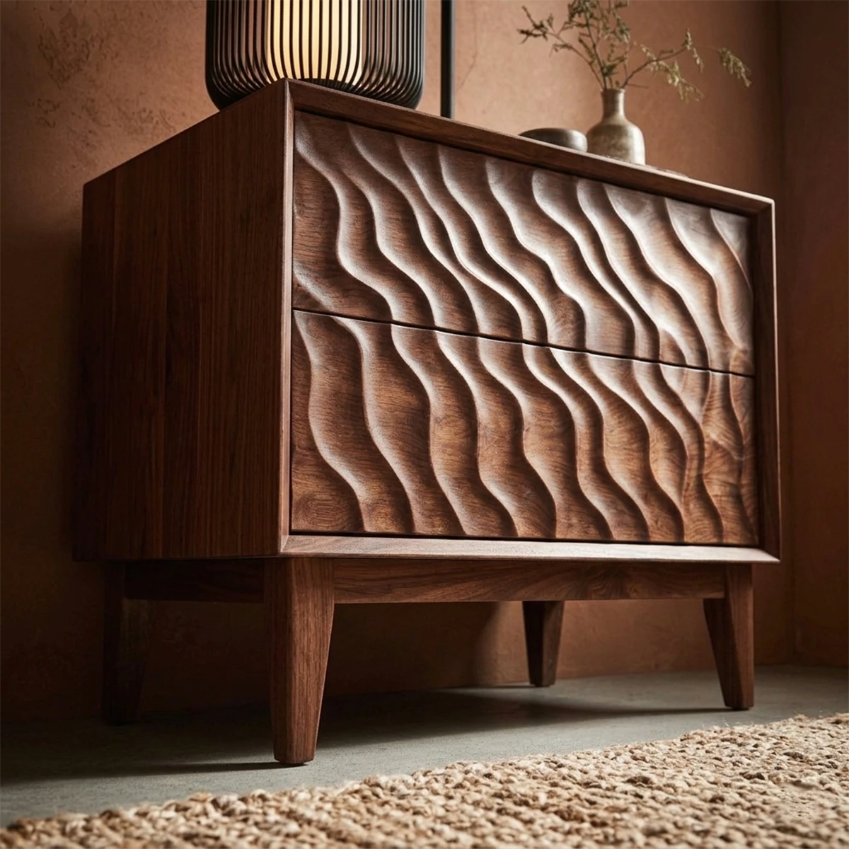 Decorative modern nightstand featuring dimensional vertical grooves and rich walnut tone finish