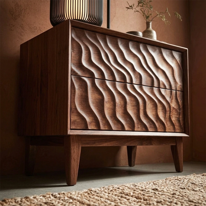 Decorative modern nightstand featuring dimensional vertical grooves and rich walnut tone finish