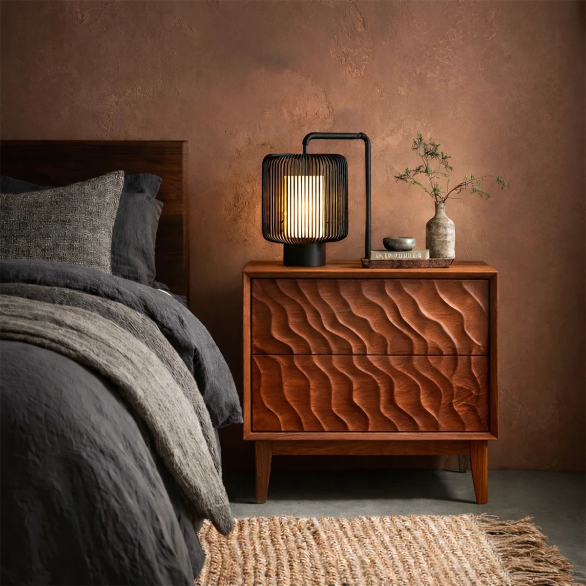Luxury bedroom nightstand showcasing artistic wave texture and refined brown tone finish