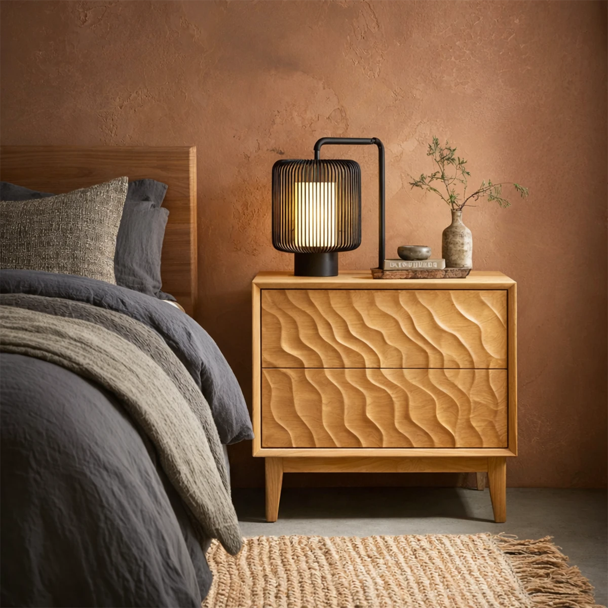 Minimalist bedside cabinet featuring structured vertical pattern and elegant oak tone finish