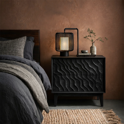 Stylish bedroom side table designed with modern textured fronts and smooth black tone finish