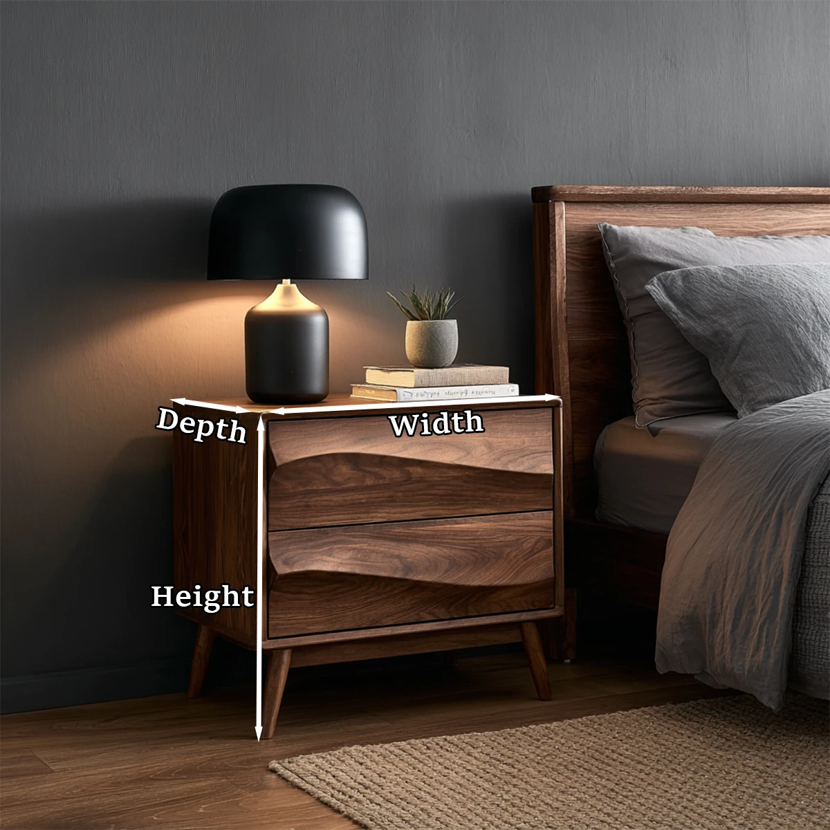 Artistic bedside nightstand showcasing flowing carved drawer detail and warm walnut tone finish