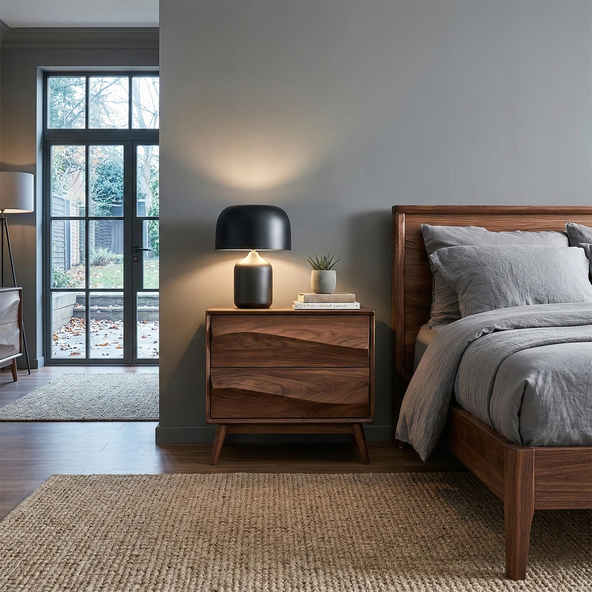 Contemporary bedside table showcasing flowing drawer texture and refined walnut tone finish detail