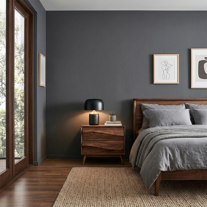 Elegant bedroom nightstand designed with curved drawer styling and warm walnut tone finish surface