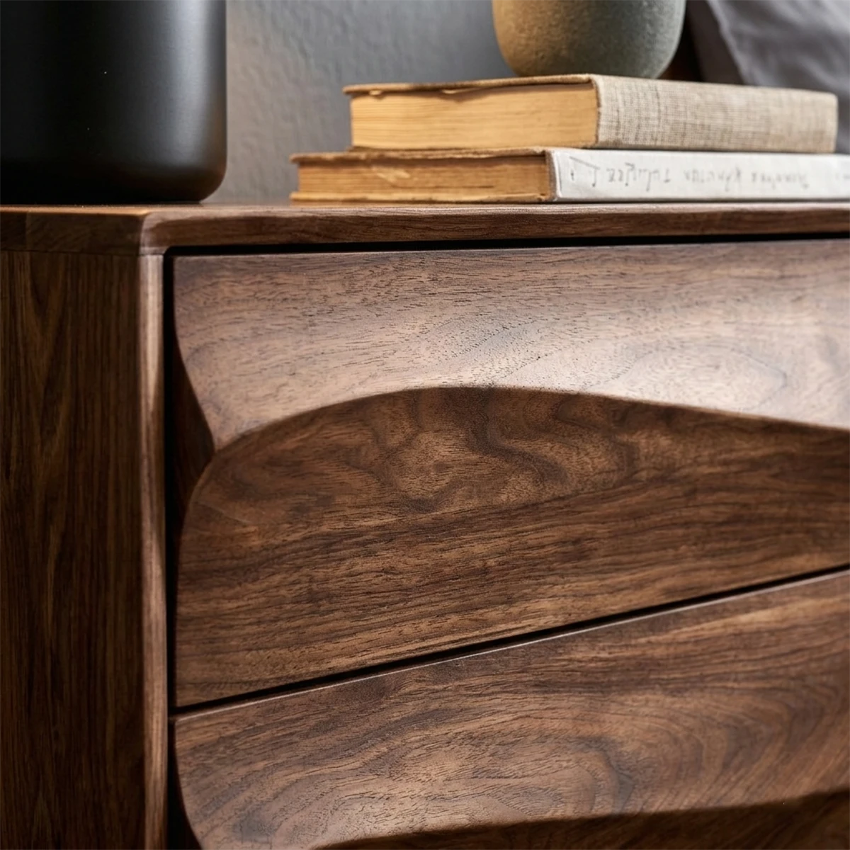 Stylish bedside cabinet displaying organic wave pattern and polished walnut tone finish appearance