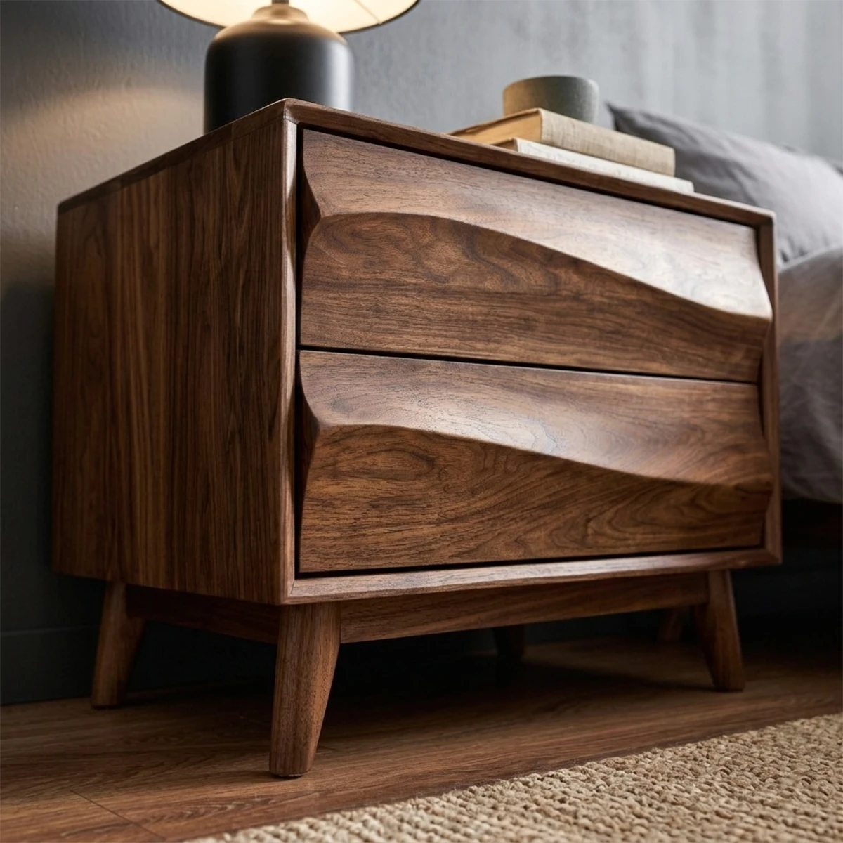 Decorative modern nightstand featuring sculptural drawer fronts and rich walnut tone finish detail
