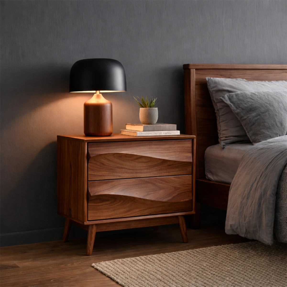 Compact bedside storage table designed with artistic wave surface and smooth brown tone finish