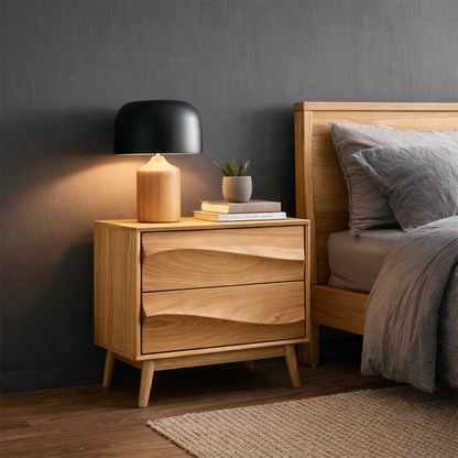 Luxury bedroom nightstand showcasing dimensional drawer design and refined oak tone finish