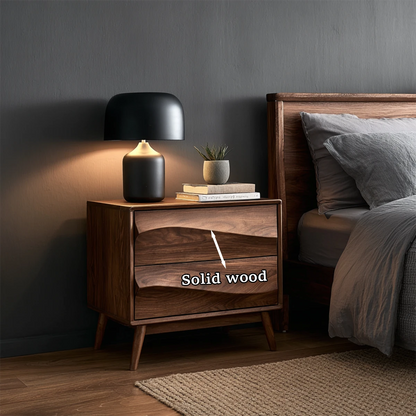 Functional bedroom side table designed with modern wave styling and smooth walnut tone finish