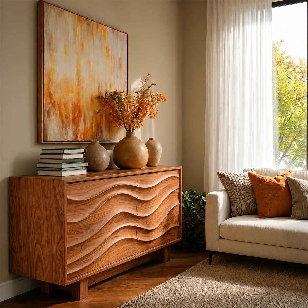 Modern sideboard cabinet with wave front detailing and elegant storage design