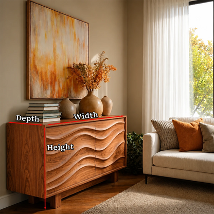 Sleek storage cabinet designed with sculpted wave panels and modern styling