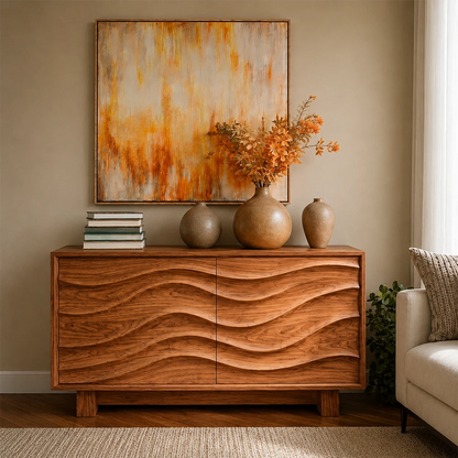 Wooden sideboard with decorative items in a living room setting
